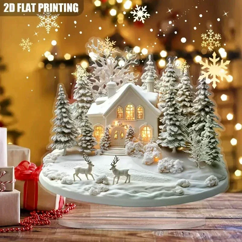 2D elegante Acryl-Weihnachtsdekoration, Schneehäuse und Rentierszene, Heimbüro-Ornamente, festlich, warm, Party-Geschenk, Foto-Requisiten