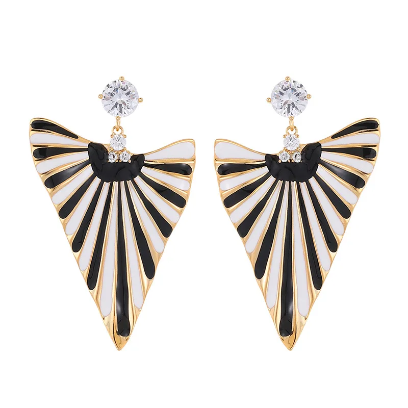 Chic Light Luxury Enamel Geometric Drop Earrings Oversized Black White Stripe Triangle Design Women Fashion Holiday Present