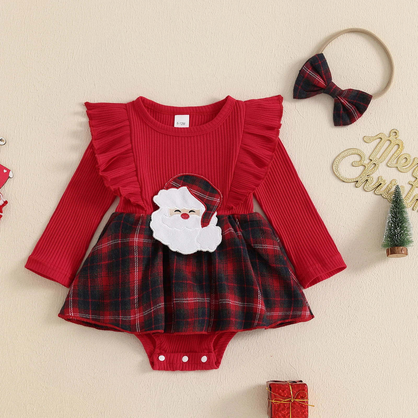 BeQeuewll Santa Claus Cute Baby Girls Romper Dress Christmas Kids Party Clothes Long Sleeve Plaid Skirts Kids Romper Headband