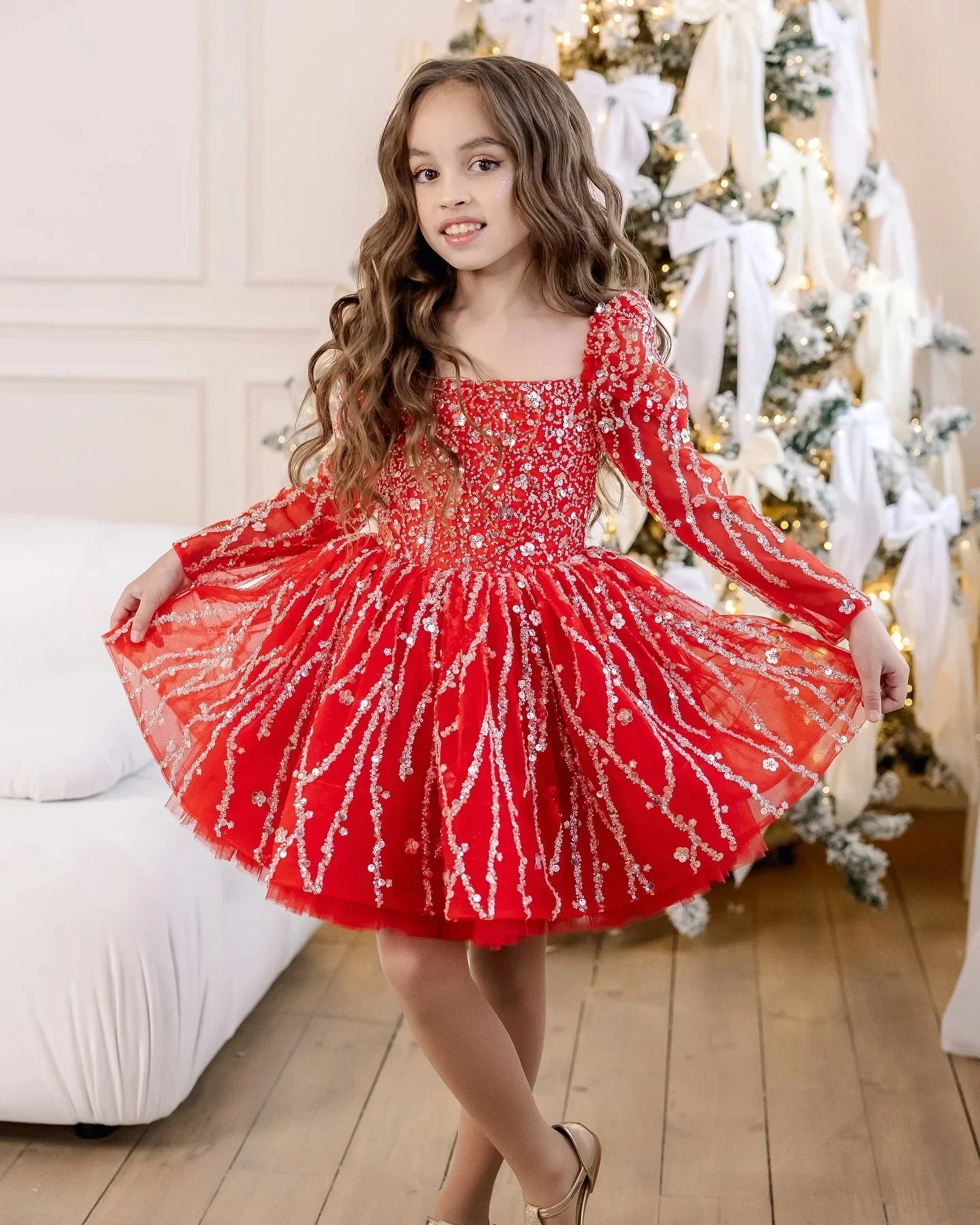 فستان فتاة الزهور مزين بالترتر اللامع للأطفال الصغار باللون الأحمر فستان عيد الميلاد بأكمام طويلة لحفلات الزفاف القصيرة للأطفال #2