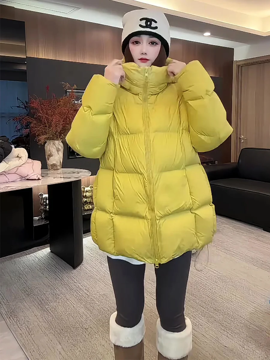 도프네 옐로우 후드 미드-길이 여성용 다운 재킷 따뜻하고 편안한 퍼핀 디자인 한국 스타일 롱 슬리브 지퍼