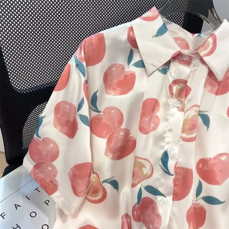 Retro Cute Fruit Peach Full Print Short Sleeve Shirts Harajuku Students Loose Oversized Summer Blouse Button Up Camisa Goth Coat