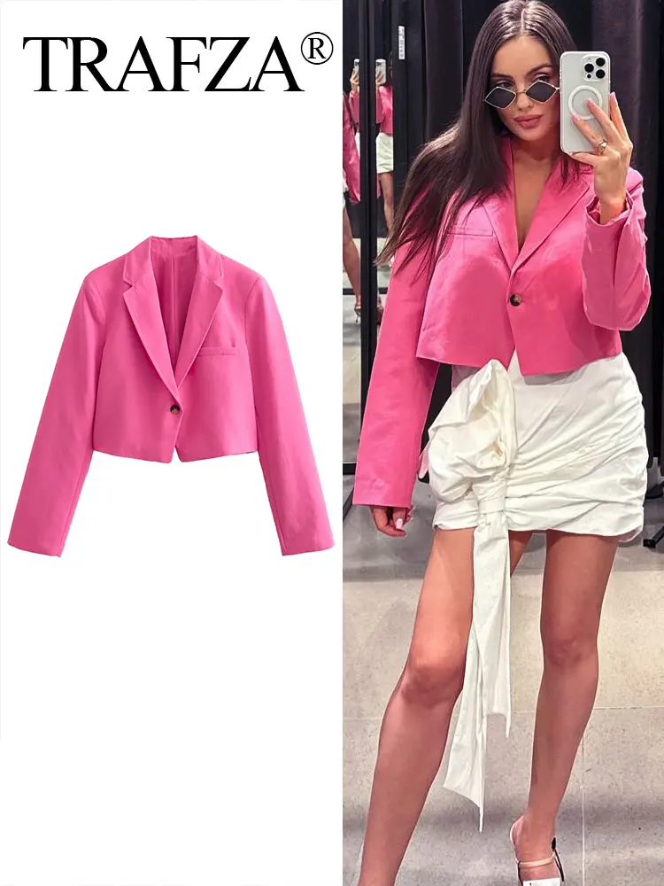 TRAFZA Women Fashion Solid Blazer V Neck Long Sleeves Loose Single Button Short Suit Cardigan Female Commute Elegant Woman Coat