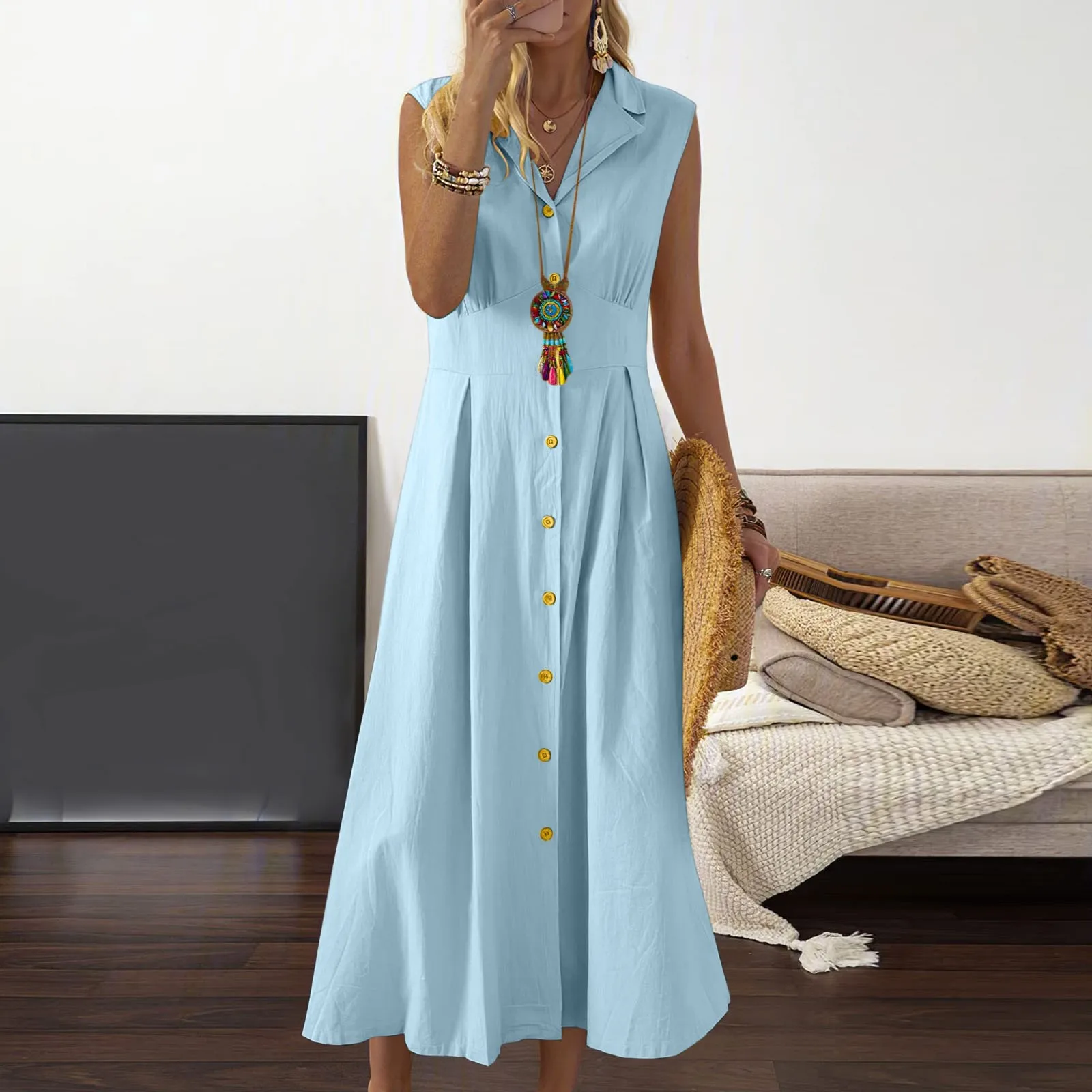 Summer New Cotton Linen Buttons Downs Shirt Long Dress Simple Loose Turn-down Neck Temperament Sleeveless Dress Casual Dresses