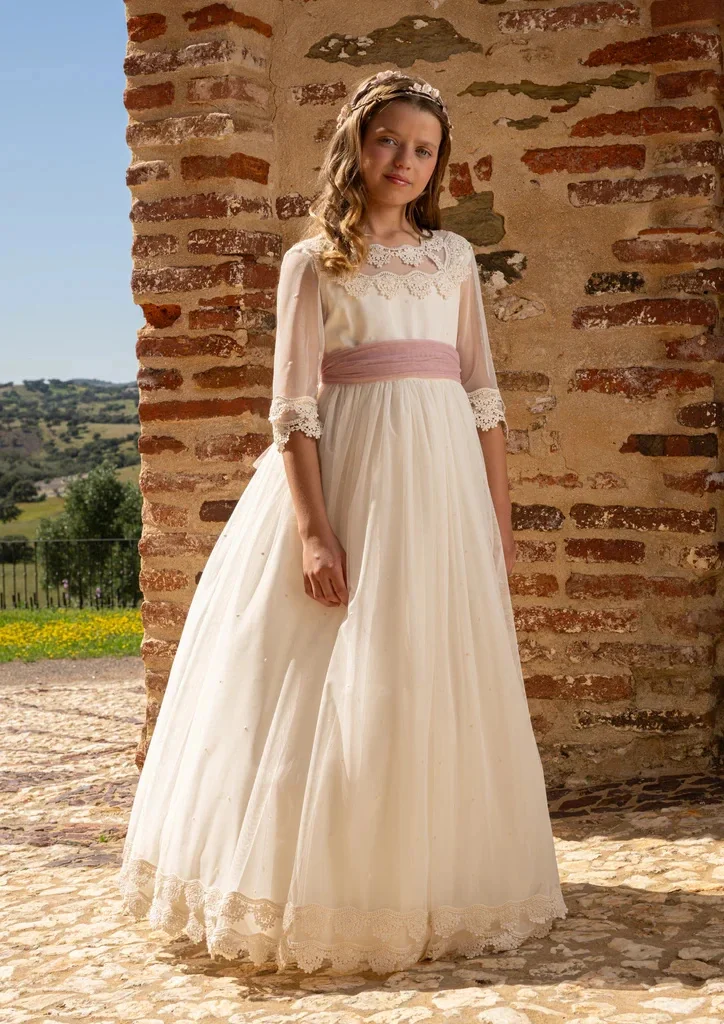 فساتين الأميرة زهرة فتاة مخصصة لحفلات الزفاف الدانتيل تول اللؤلؤ مع القوس رشيقة الطفل Quinceanera فستان حفلة عيد ميلاد