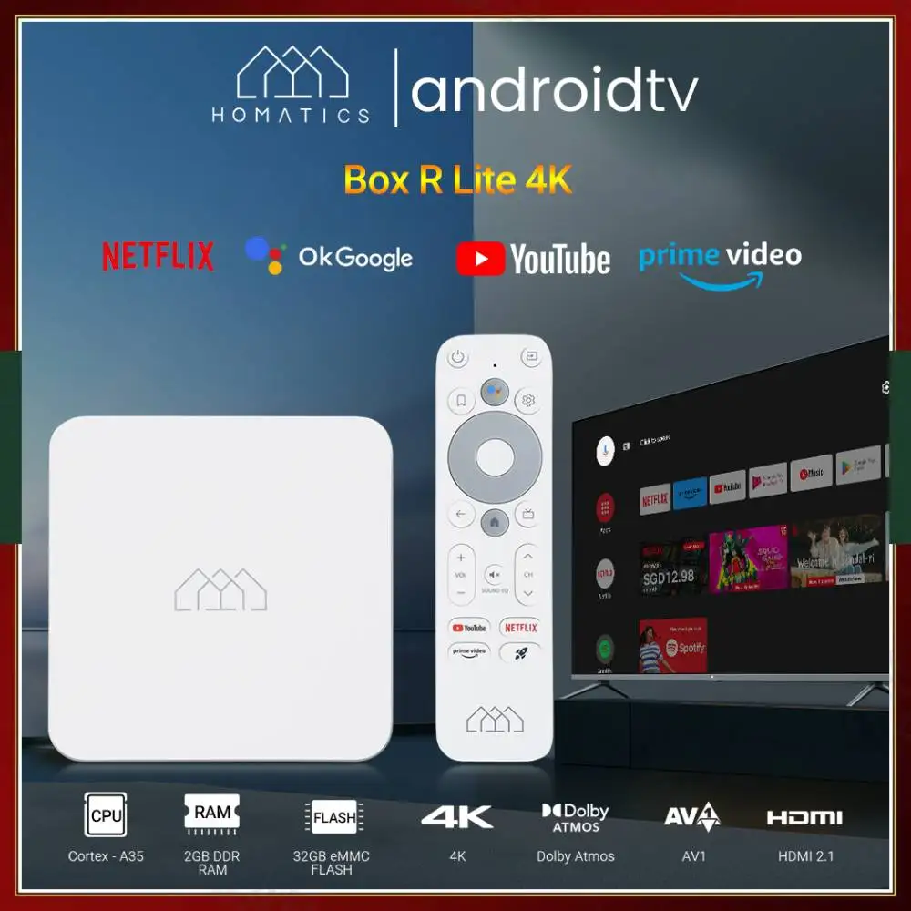 

Original HOMATICS Box R Lite 4K TV Box Androidtv 11 Player Google Netflix Certified Amlogic S905Y4-B Dolby Atmos 5G 2T2R Wifi