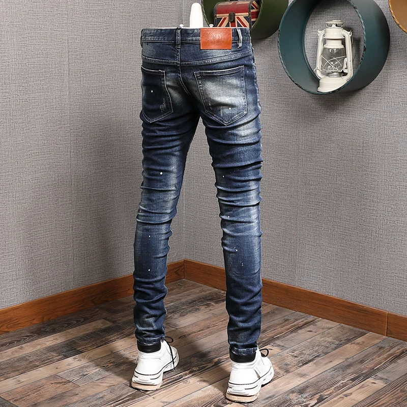 Street Fashion Men Jeans Retro Black Blue Elastic Stretch Slim Fit Vintage Ripped Jeans Patched Designer Hip Hop Denim Pants Men