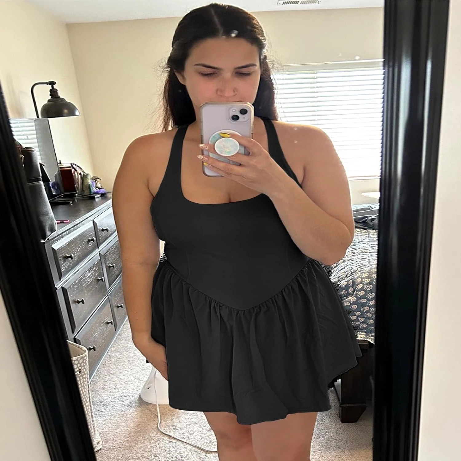 Stylish Sexy Athletic Tennis Dress for Active Women - Sleeveless Square Neck Golf and Workout Dress with Built-in Shorts and Bra