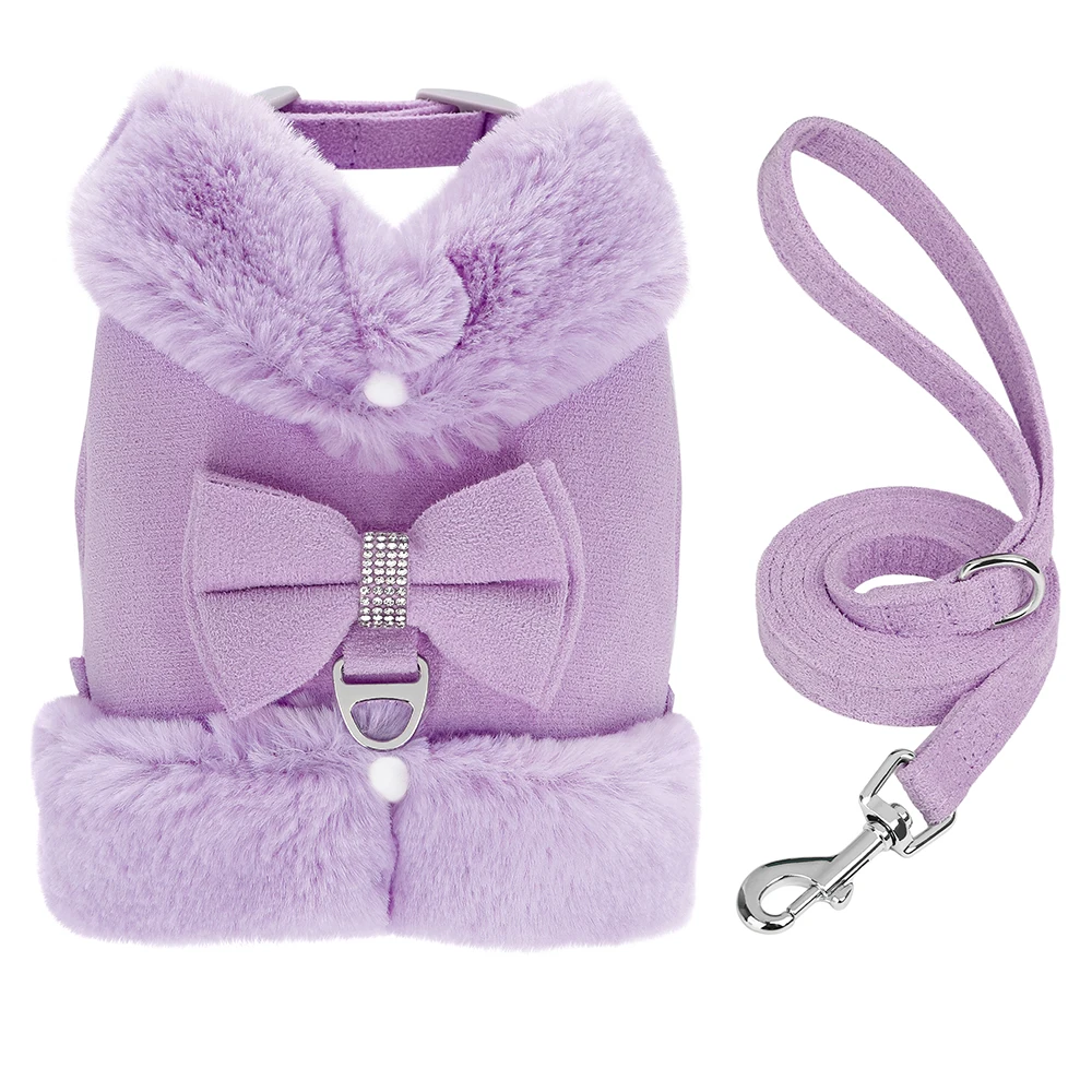 Warmes Fell Welpen Hunde geschirr Leine niedlichen Bowknot Hunde Katzen geschirre gepolsterte Haustier Weste mit passendem Führ strick für Hunde Katzen Winter – Detail 10