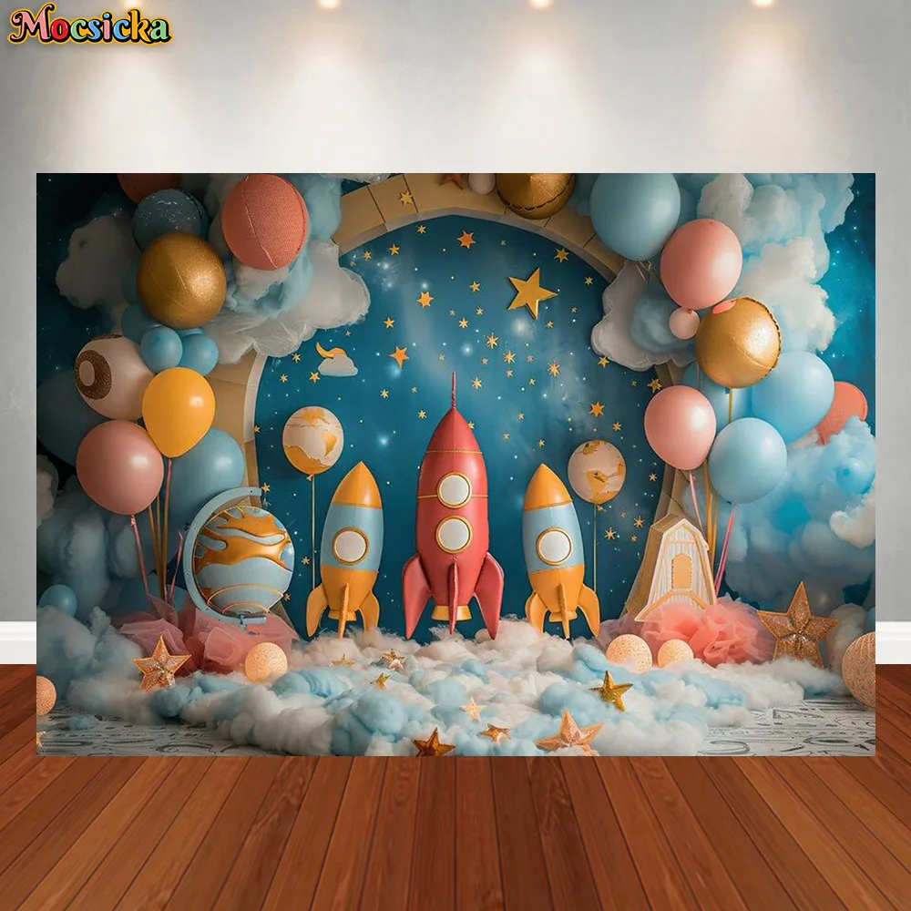 Mocsicka Space Rocket Photography Background for Photo Studio Astronaut Colorful Balloon Baby Birthday Party Cake Smash Backdrop