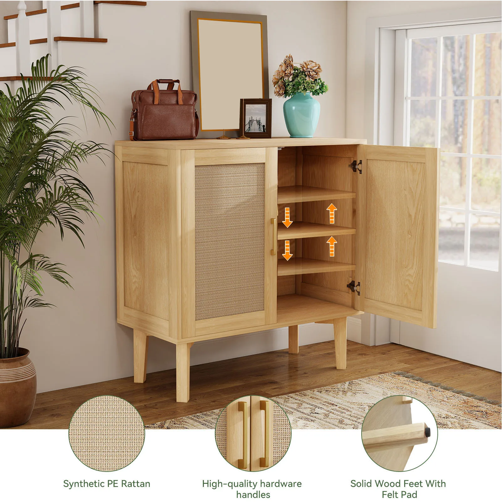 Buffet Cabinet with Rattan Decor Doors Solid Wood Feet Multifunctional Sideboard Cabinet for Dining Room Kitchen Wood Color