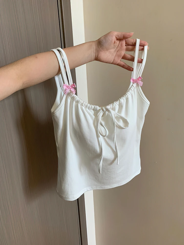 Sweet Front Bow Tied Tank Top Straps Women Cotton Cute Sleeveless Basic Top With Cups Female Sexy Tight Undershirt Korean New