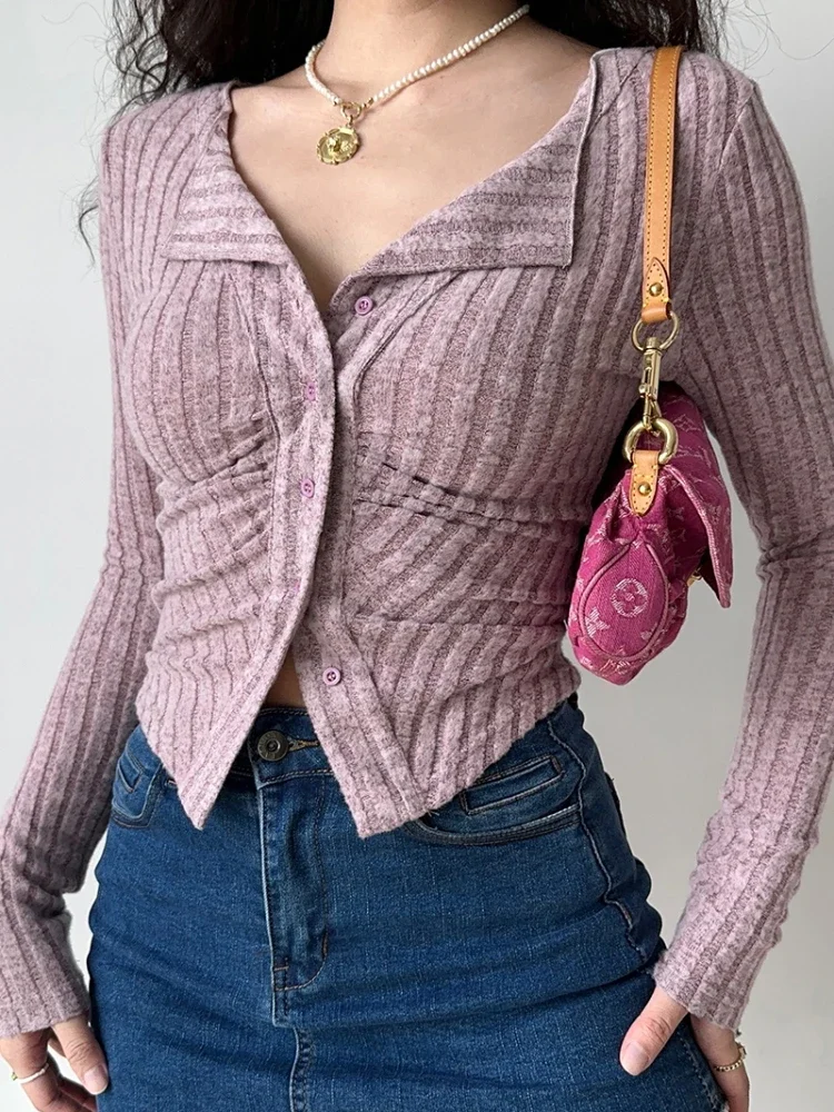 Women's Long-Sleeved Knitted Cardigan Slimming Top European and American Style Stripe  Thread Stretch Casual Short All-Matching
