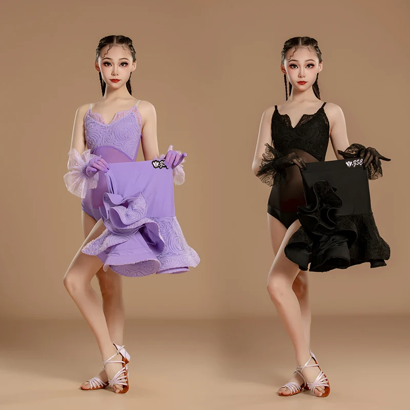 Salsa Latin Dance Dress Girls Competition Ballroom Dress Standard Kid Rumba Samba Tango Dance Costume Girls Latin Practice Dress