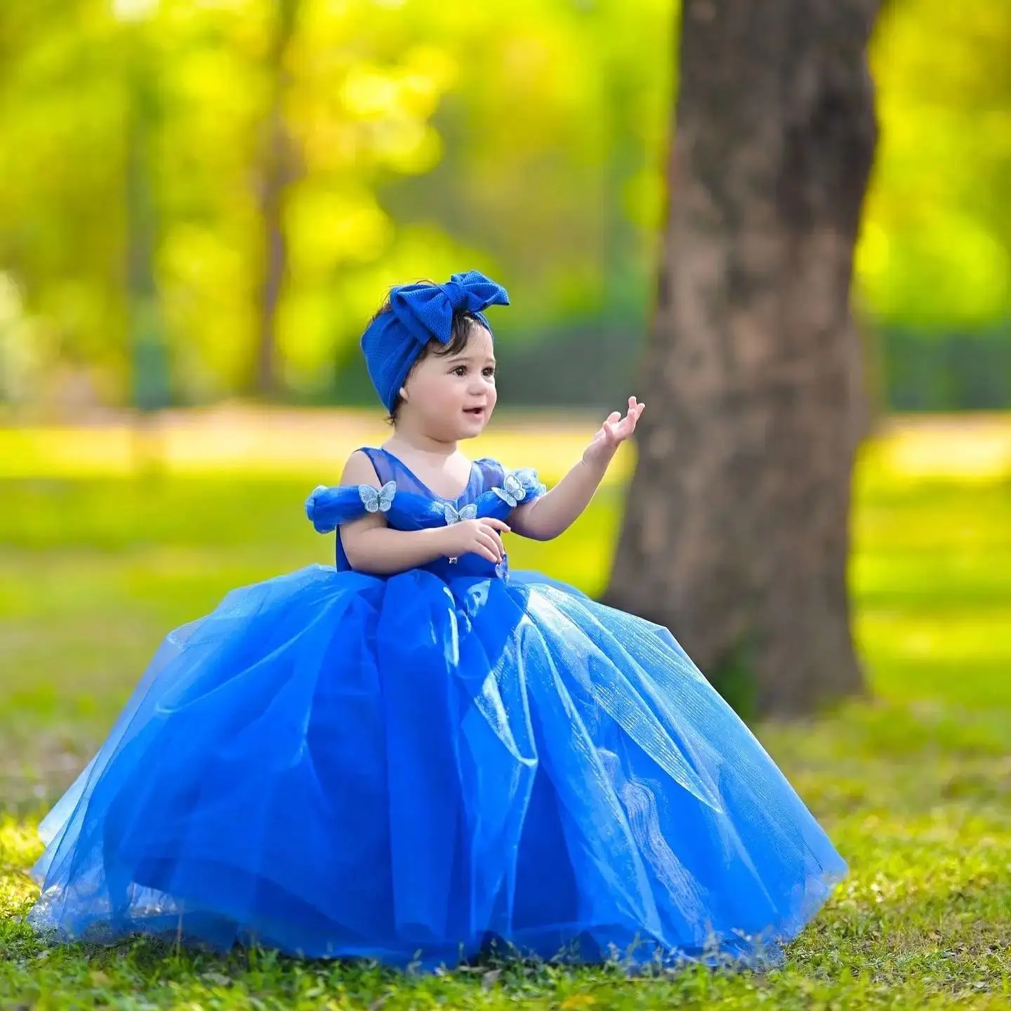 

Royal Blue Ball Gown Flower Girl Dresses for Photoshoot Tulle Kids Birthday Party Gowns Floor Length Children Pageant Dresses