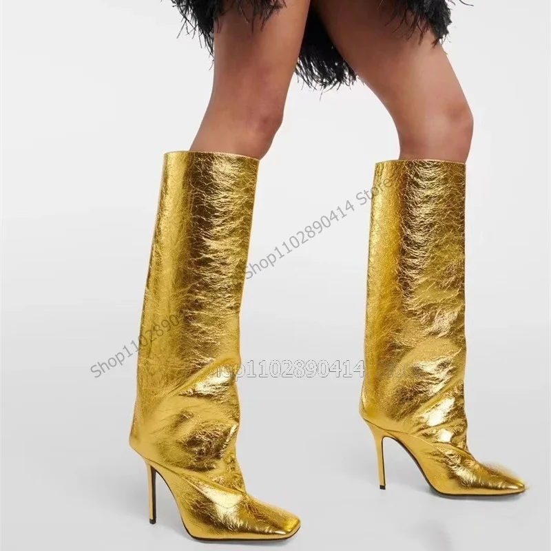 

Gold Green Black Square Toe Giltter Boots Knee High Slip On Women Shoes Thin High Heels Novel Fashion 2023 Zapatos Para Mujere