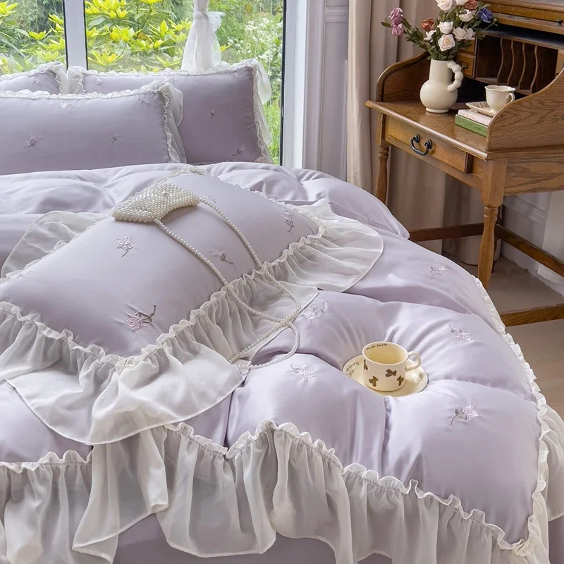 New 2025 Luxury Bedding Set, Ice Silk, Korean - Style with Ruffles and Embroidery, Fits 1.2m, 1.5m, 1.8m, 2.0m Beds