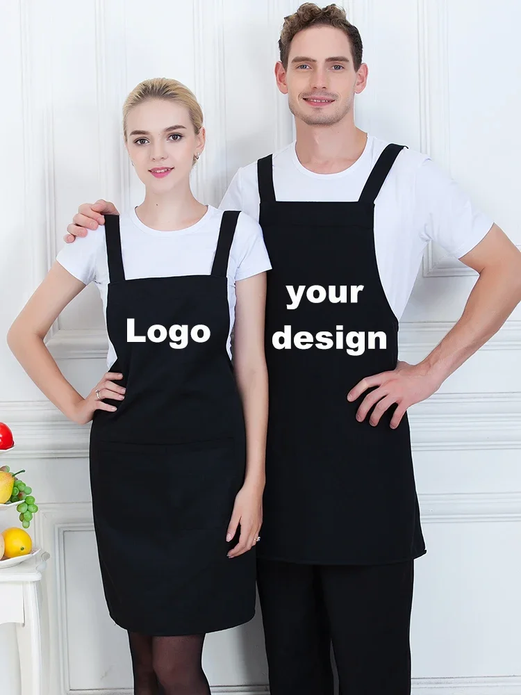 Apron Logo Custom Man Women Kitchen Mandiles Work Cooking Chefs Bib Aprons Black with Pockets Waiter Housekeeping Dealer Smocks