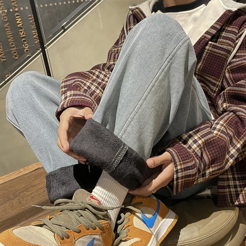 

Men's Fce Lined Thi Straight Leg Jeans Spring Autumn Casual Wear American High Street Sle Trendy Teenage Long Pants