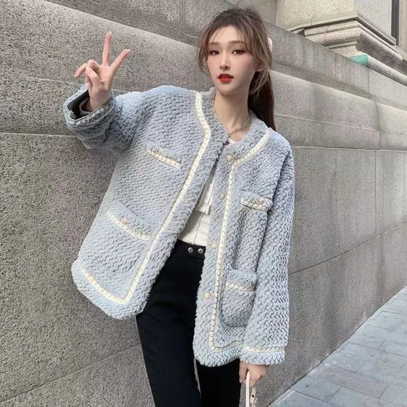 Lucyever coreano sciolto lana di agnello giacche donna autunno inverno addensato caldo peluche cappotti donna Streetwear o-collo capispalla in