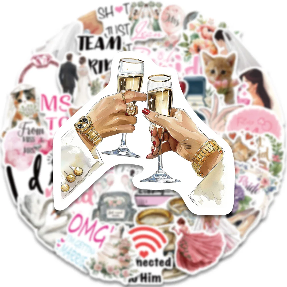 50PCS Cartoon Romantic Wedding Season Art Sticker Beautiful Bridal Wedding Dress Diamond Ring Flower Champagne Balloon Decal