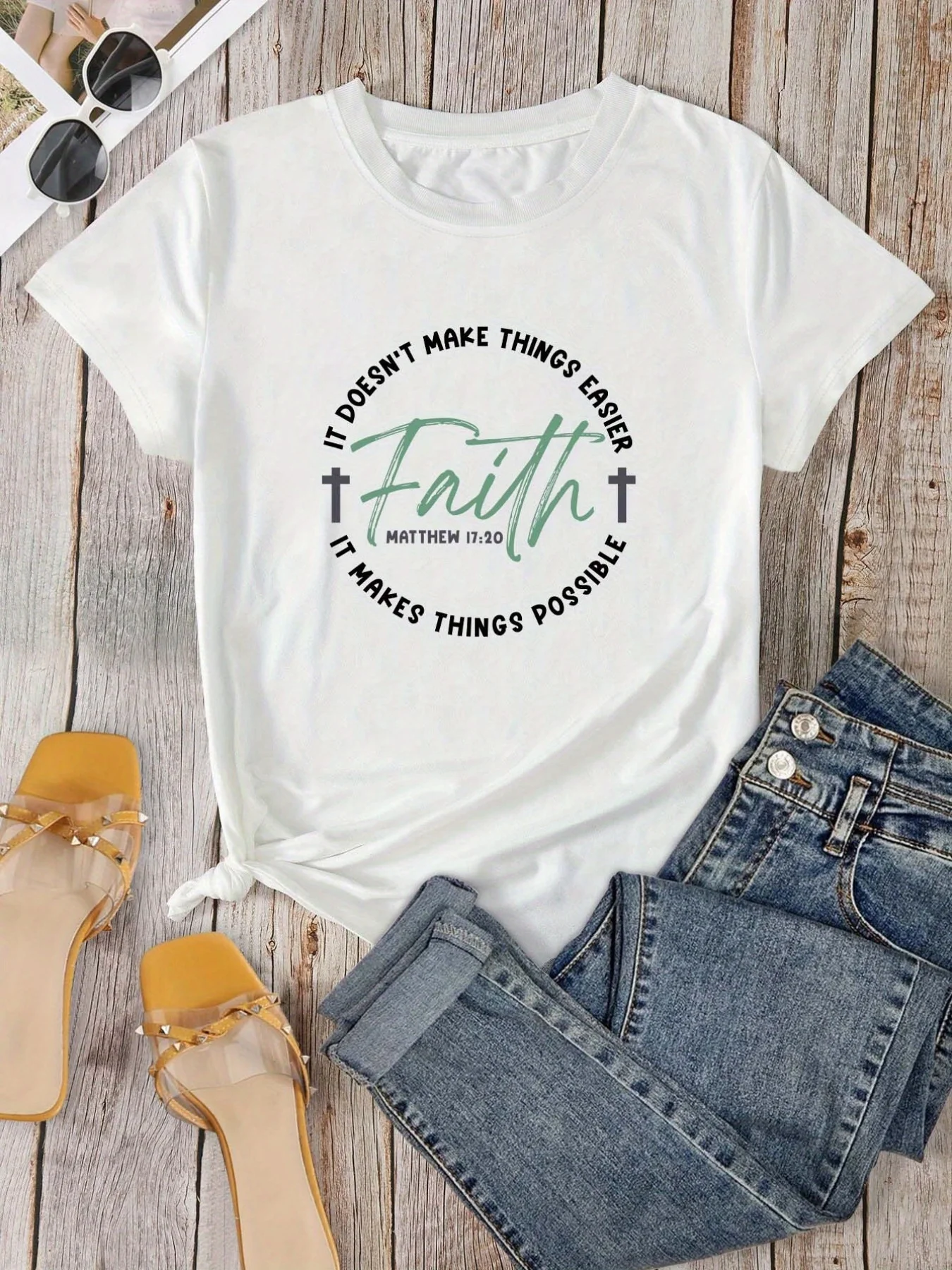 Faith Print Christian T-Shirt, Short Sleeve Crew Neck Casual Top For Summer & Spring, Women\'s Clothing