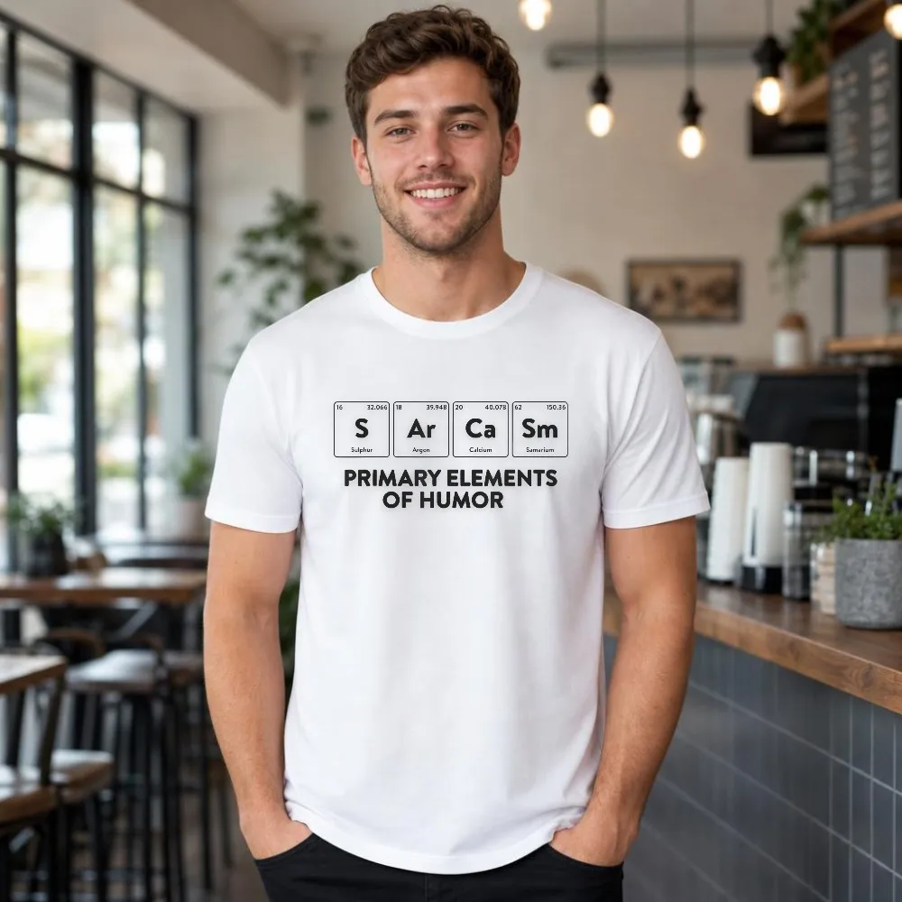 Vintage Graphic Tee Men Periodic Table Sarcasm Primary Elements Of Humor Science Short Sleeve Daily Streetwear Top Funny