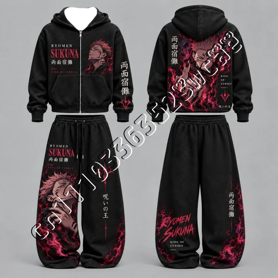 Jujutsu Kaisen Tracksuit, Autumn Winter Zip Up Hoodie + Wide Leg Pants Set, Unisex Anime Character Hooded Outfit FamilyMatching