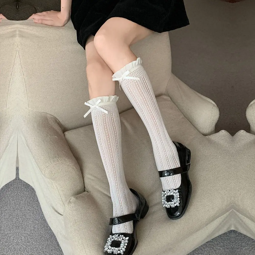 Fashion Lace Mesh Knee High Socks Ruffle Sweet Matching Calf Socks JK Fishnet Stockings For Women Girls