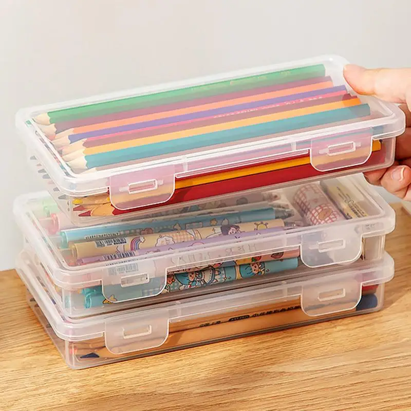 Clear Pencil Holder Box Snap-On Large Capacity Stationery Case With Lid Portable Space Saving Storage Holder For Home School