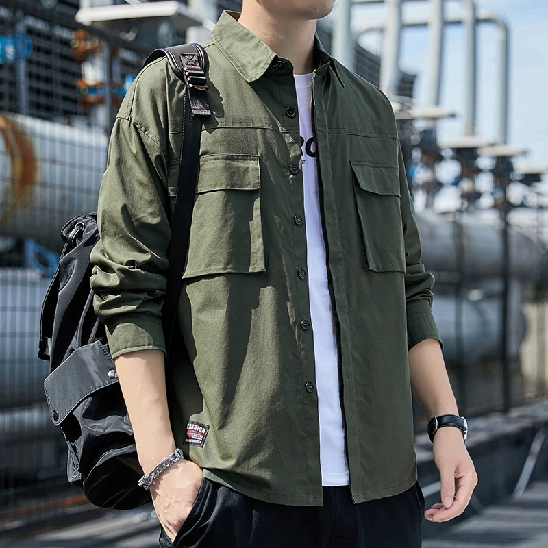 Spring Men's Shirt Retro Solid Color Outdoor Sports Mountaineering Lapel Cardigan Long Sleeved Minimalist Street Men's Clothing
