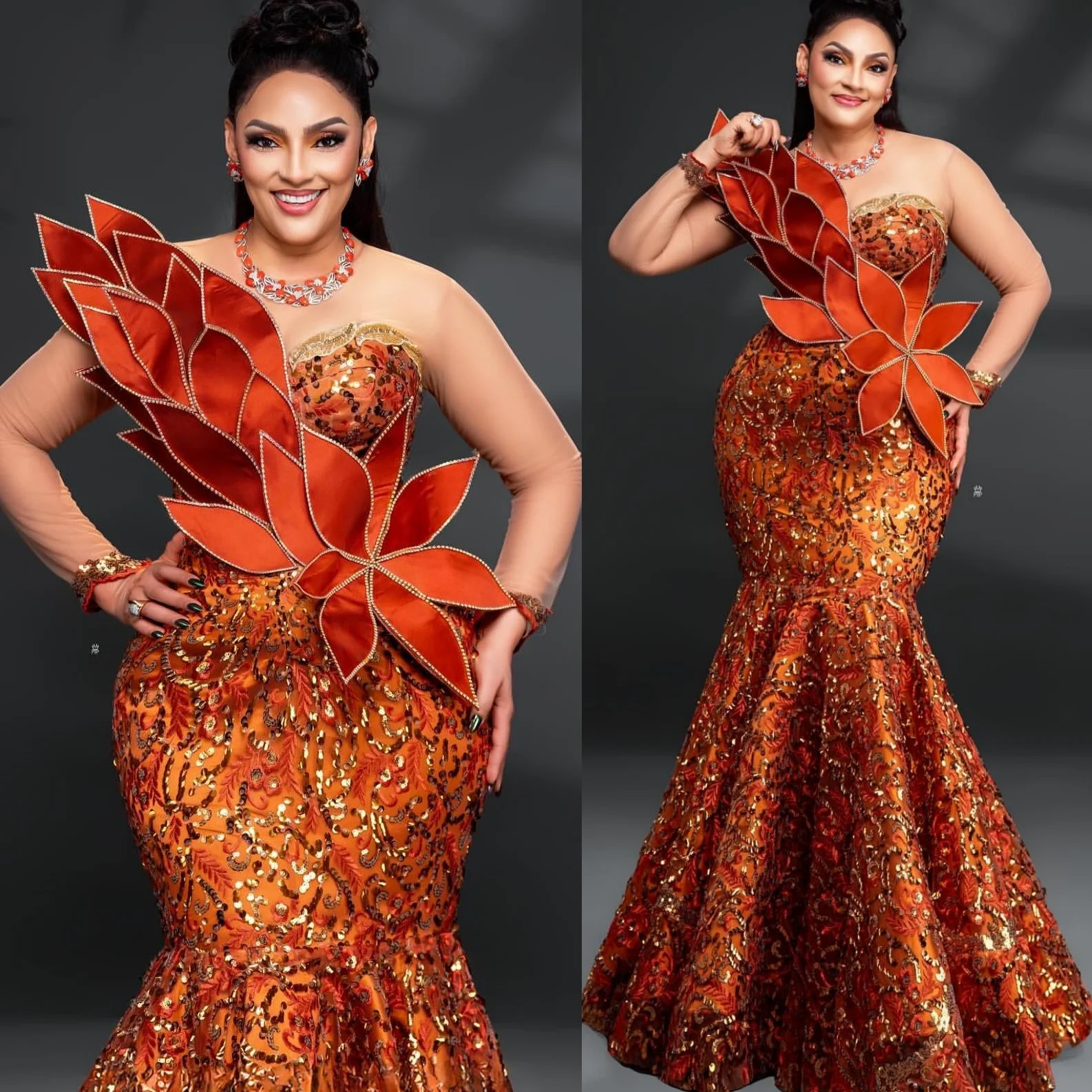 Burnt Orange Mermaid 2025 Prom Dresses Florals Sequined Lace Sheer Neck Evening Formal Party Birthday Gowns Dresses ZJ264