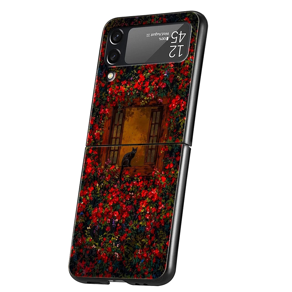 Flowers And Cats Hard PC Phone Case For Samsung Galaxy Z Flip 7 6 5 4 Black Cover For Galaxy Z Flip 3 Foldable Shockproof Capas
