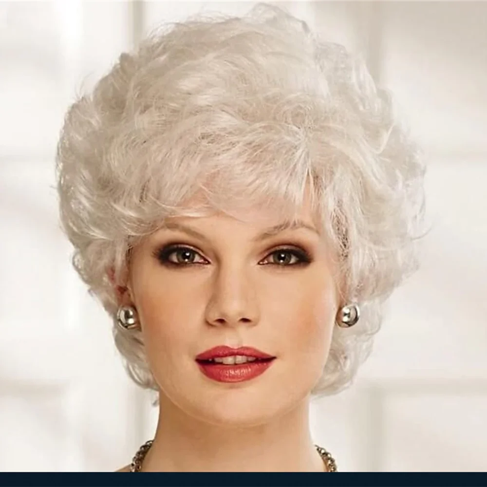 

Short Curly Silver Wigs for White Women Heat Resistant Natural Synthetic Hair Old Ladies Daily Cosplay Full Wigs party wigs