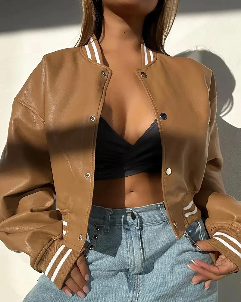 Women Faux PU Leather Cropped Bomber Jacket Striped Ribbed Collar Cuffs Snap Button Oversized Loose Short Outerwear