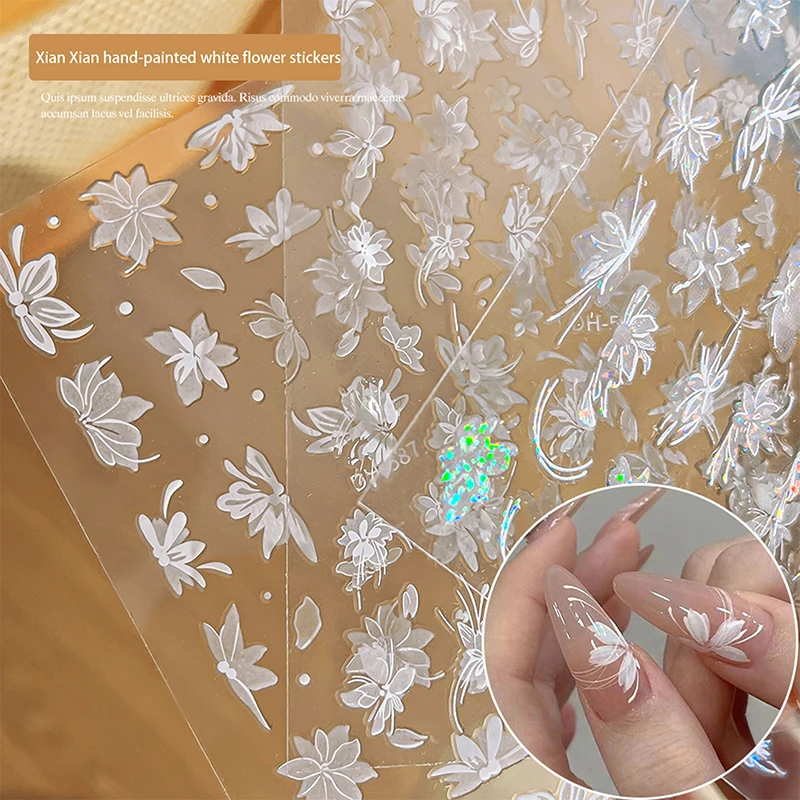 Z. White Magnolia Flower Hand Drawn Temperament Nail Sticker Enhancement Adhesive Decal Decoration