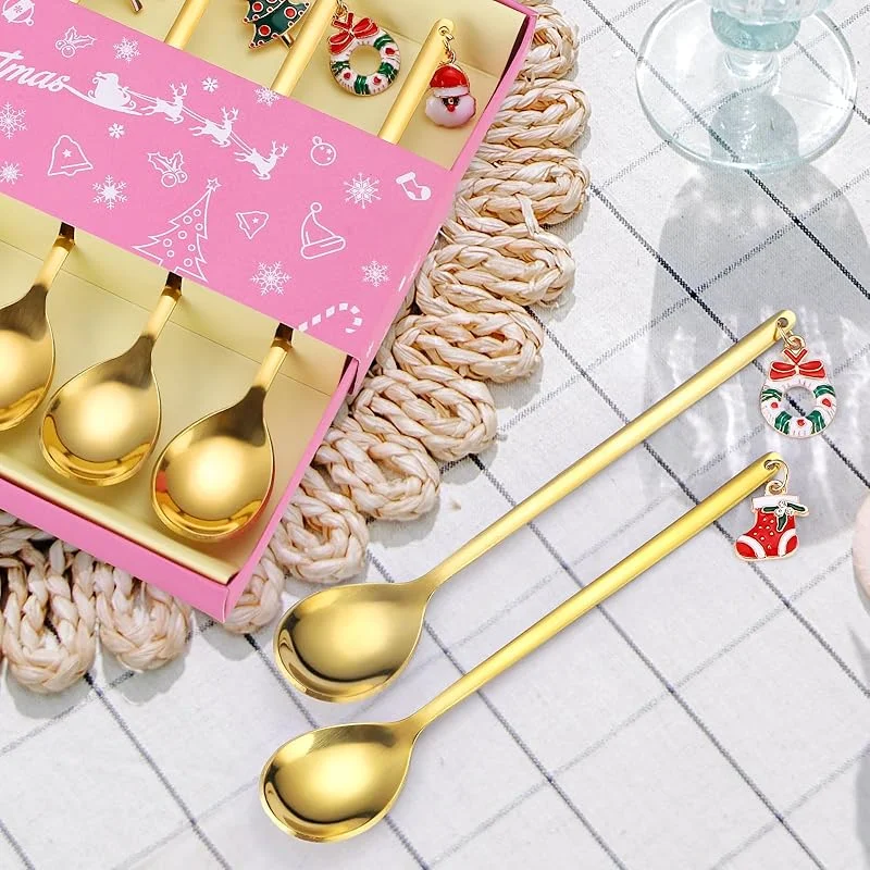 6 Pieces, Dessert Spoons and Forks Silverware Christmas Silver Small Stainless Steel Flatware  Xmas Decorative Pendants Stirring