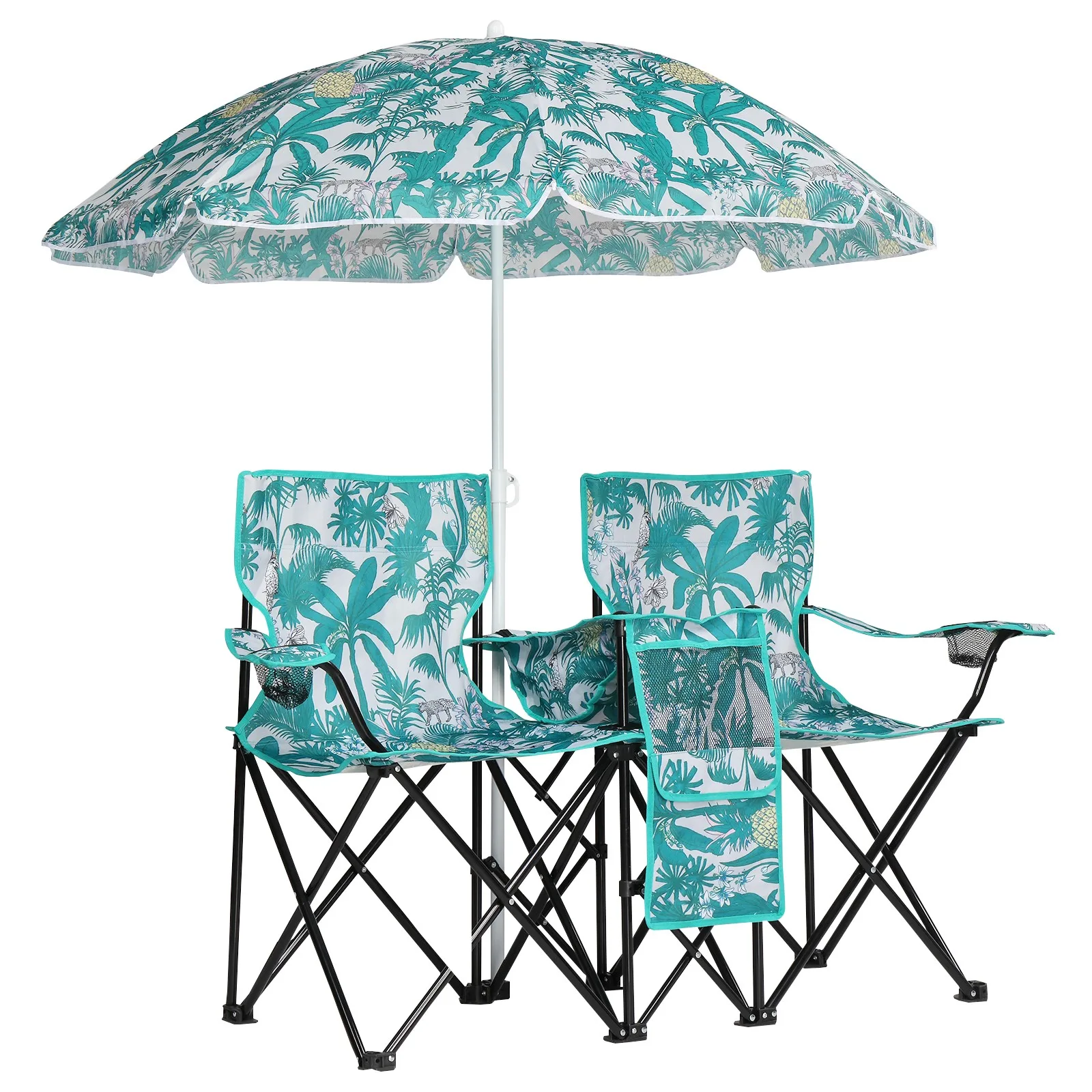 Folding Camping Outdoor Picnic Double Chair with Umbrella Table Cooler Beach New