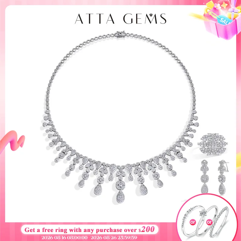 ATTAGEMS Vintage s925 Silber Moissanit Schmuck Set für Frauen Quaste Wasser Tropfen Halskette Ohrringe Ring Armband für Hochzeit Party