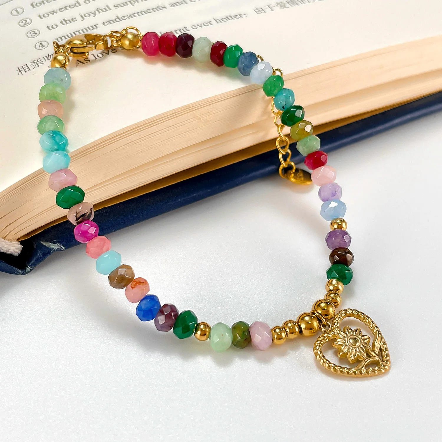 Stainless Steel Bohemian Dopamine Color Natural Stone Beaded Love Heart Floret Charms Bracelet 6.3inch+6cm