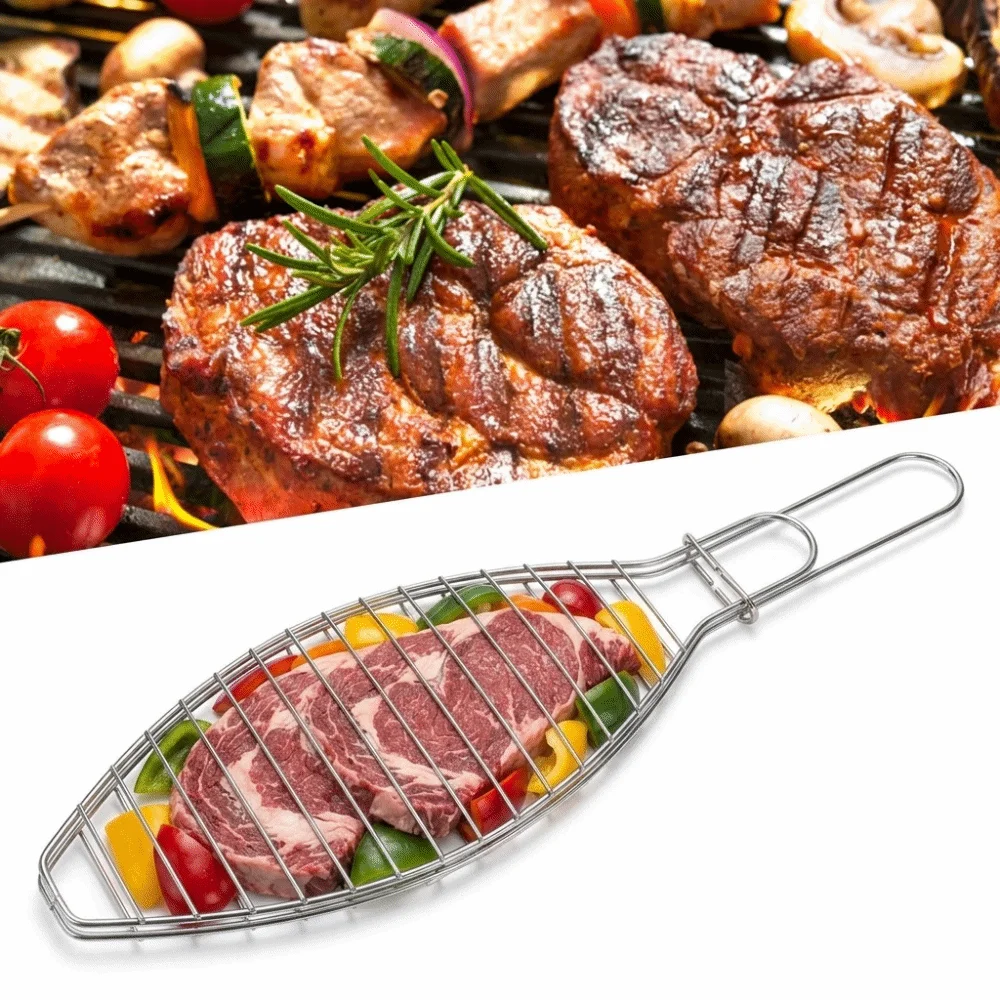 Fish-Shaped Iron Fish Grill Rack 42cm Long Handle Fish Grill Basket Sliding Lock Wire Grid Grill Rack Whole Fish Grilling
