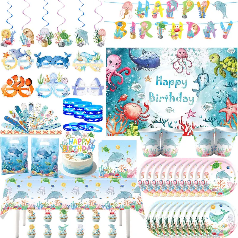 Ocean Theme Birthday Decoration Party Supplies Set Plates Cups Tablecloth Gift Bags Sea Animal Happy Banner Backdrop Cake Decor