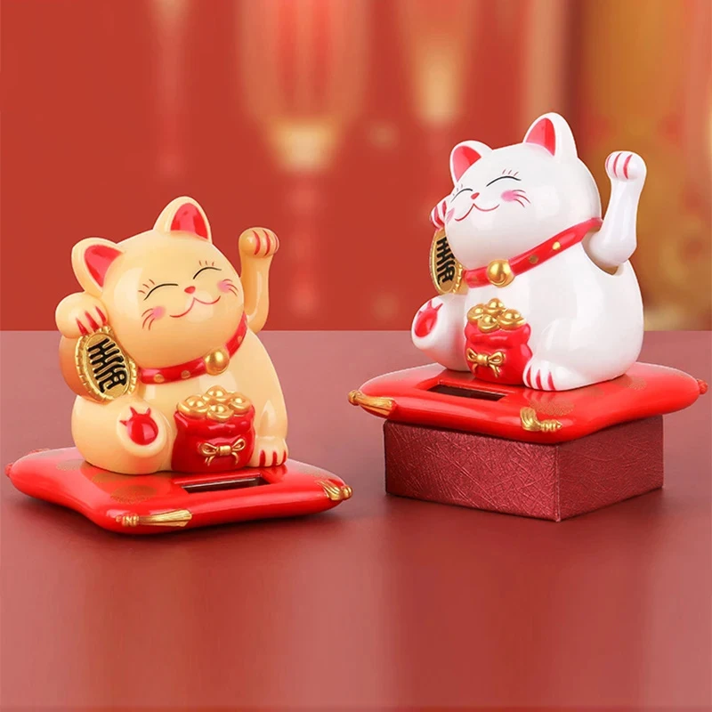 Solar Powered Maneki Neko Lucky Cat Figurines For Car Interior Decor Waving Hand Chinese Lucky Cat Beckoning Fortune Doll