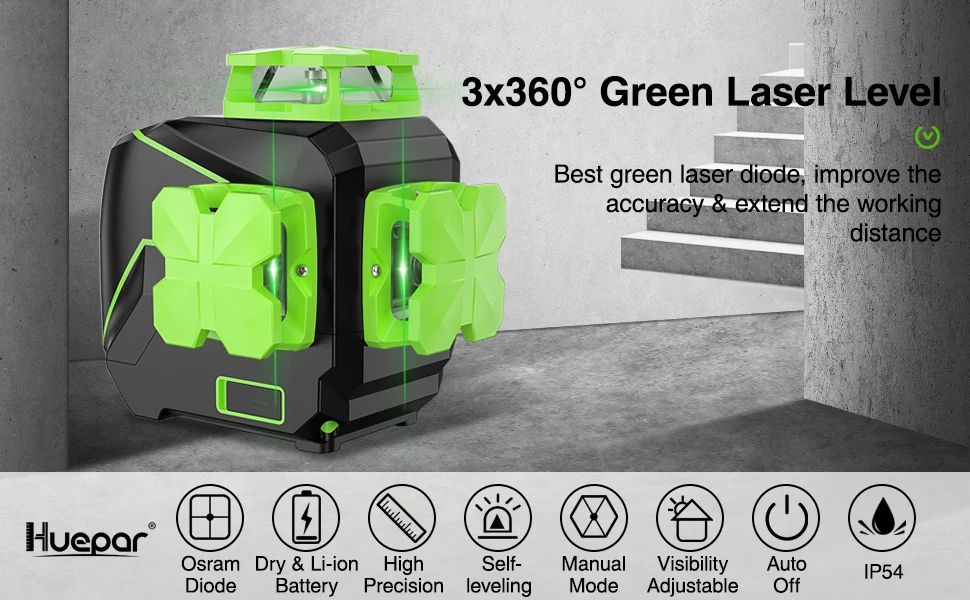 2026 Huepar 12 Lines 3D Cross Line Laser Level Self-leveling Green Beam Vertical & Horizontal Huepar S03CG-L