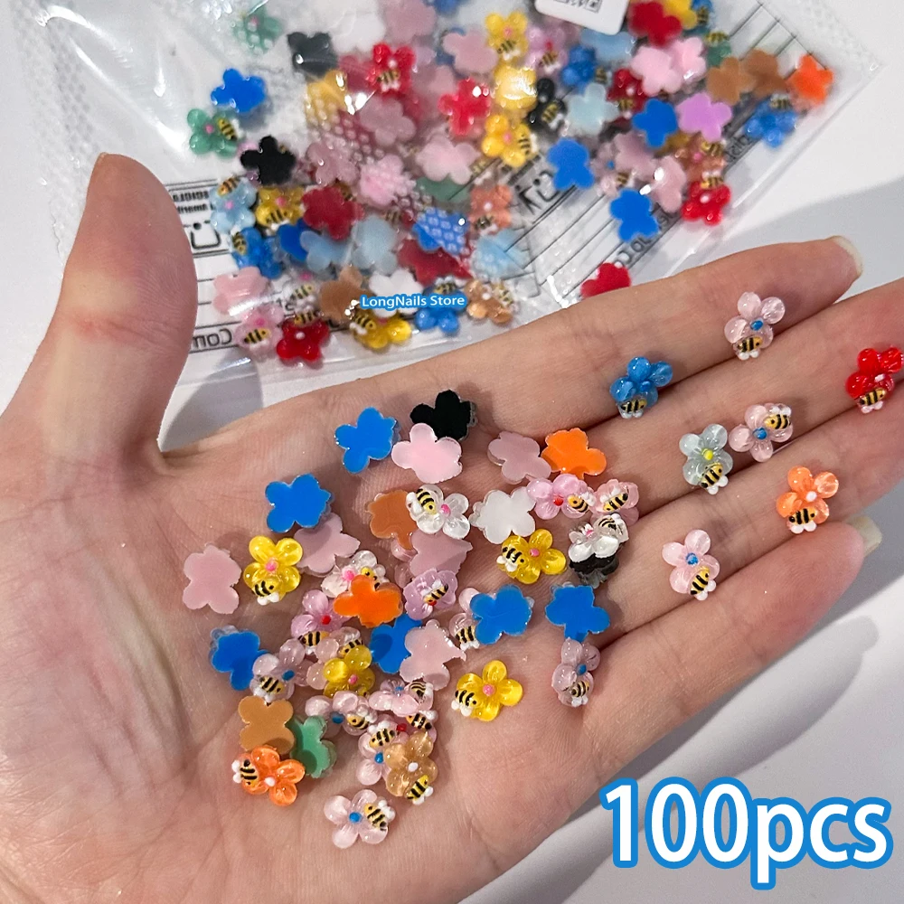 

50/100 шт. смешанные мультяшные пчелы, цветы, подвески для дизайна ногтей, 3D смола, милые прозрачные мини-украшения для ногтей в виде пчелы, стразы с плоской задней частью в виде пчелы