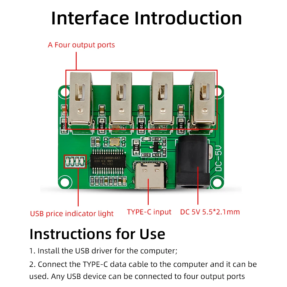 DC 5V 1 to 4 port PH2.0 Interface One To Four USB 2.0 Hub Module No Drive USB Splitter Onboard Fuse Overcurrent Protection