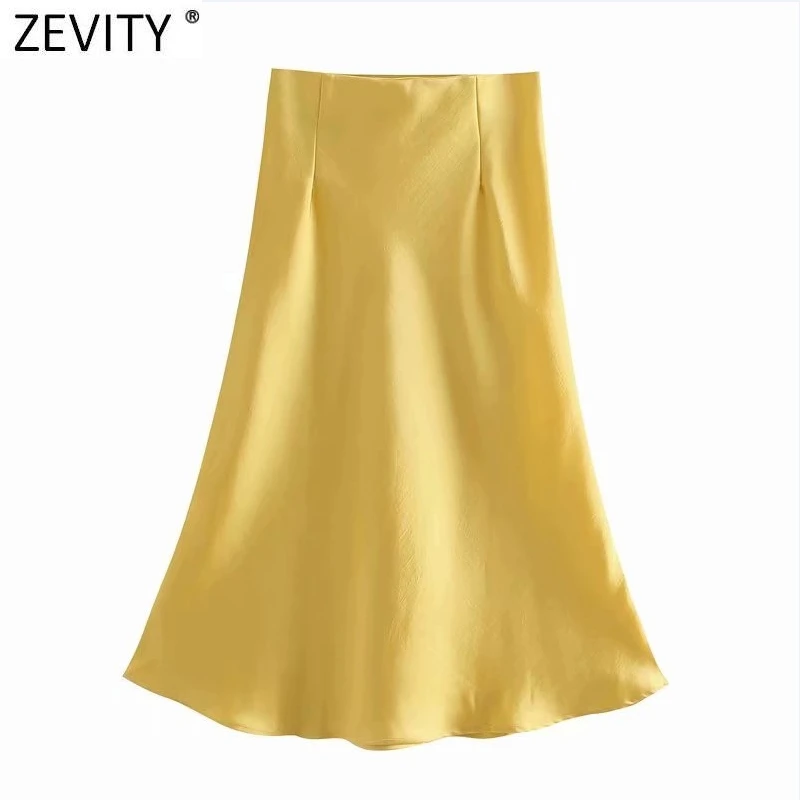 Zevity 2021 Elegant Women French Style Solid Color Soft Satin A Line Skirt Faldas Mujer Female Casual Summer Midi Skirts QUN820