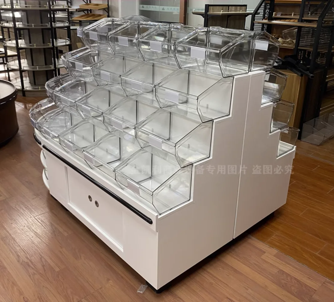 Wooden bulk food display cabinets Bulk snack shelves like the spread of candy cookies circular display cabinets white