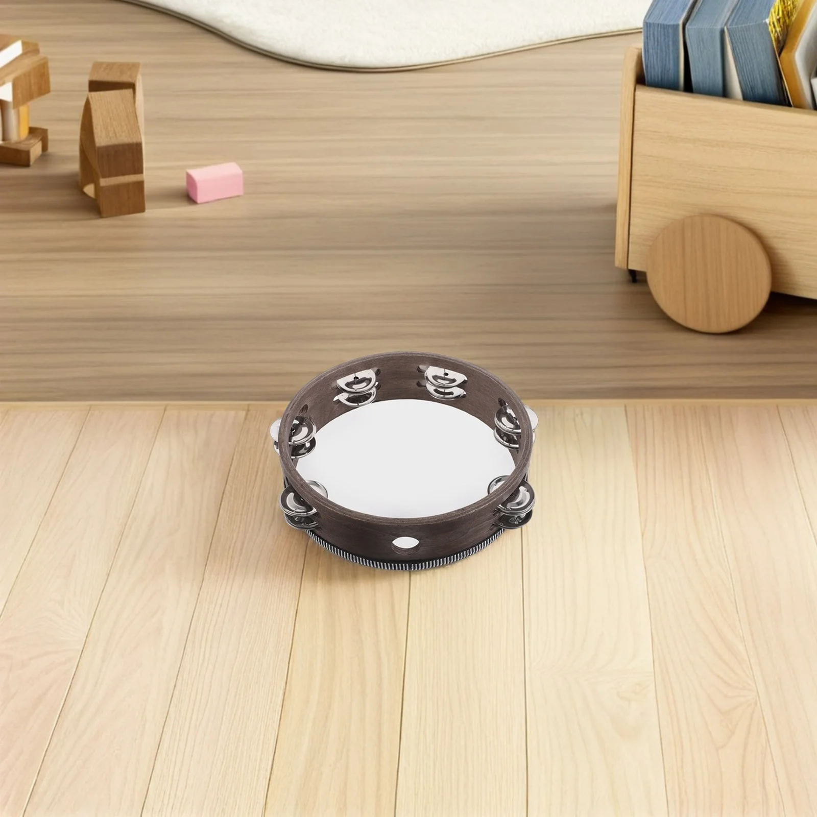 

Handheld Walnut Finish Tambourine Double Row Bright Sound for Kids Preschool Music Education Percussion Instrument