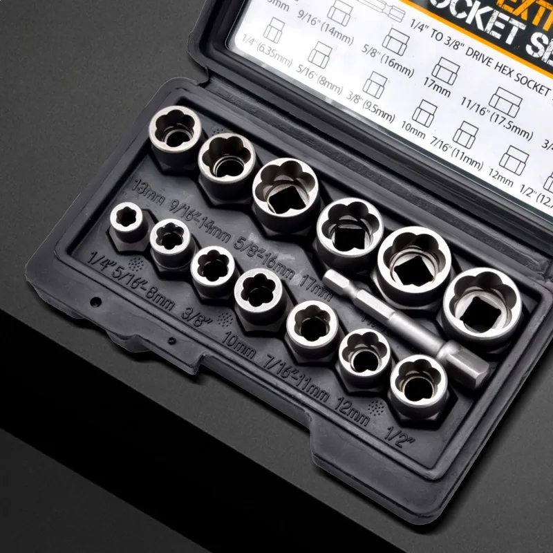 Premium 14pc Nut Extractor Set with Reverse Threaded Sockets for Damaged Nuts and Bolts Removal Tool Kit for Auto Repairs